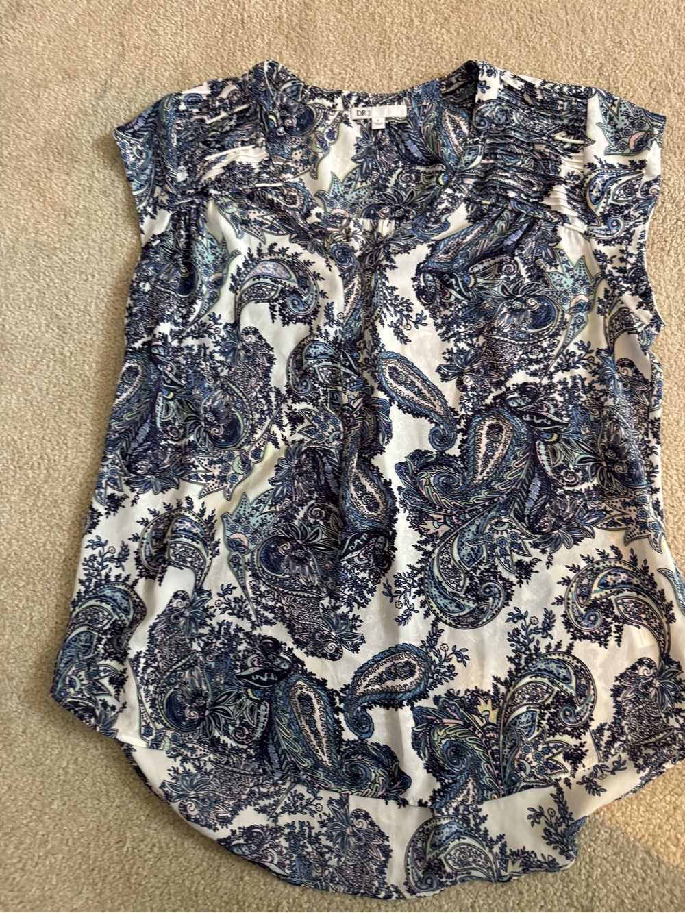 DR2 White Top with Navy Paisley Print